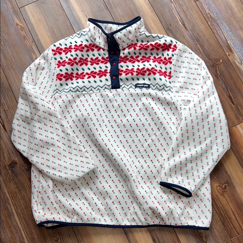 Lands' End Heritage Fleece Snap-Neck Pullover in Poinsettia Print - Picture 2 of 12